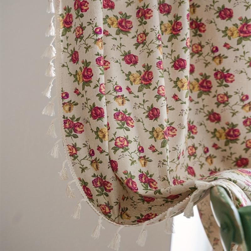 Boho Floral Curtain Soft Cotton Hemp Fabric for Living Room Bedroom Beige Tassel