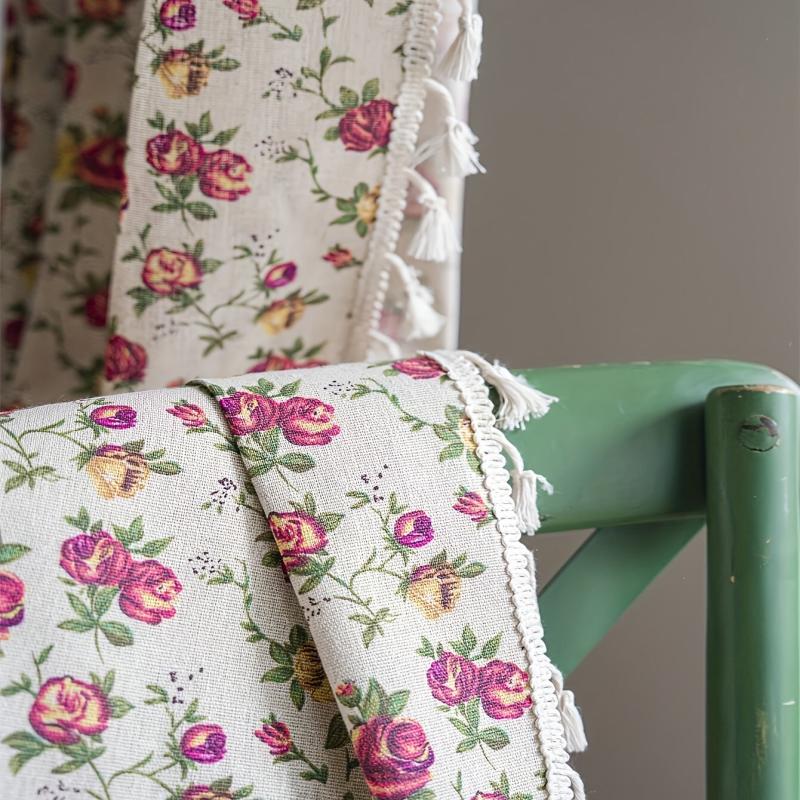 Boho Floral Curtain Soft Cotton Hemp Fabric for Living Room Bedroom Beige Tassel