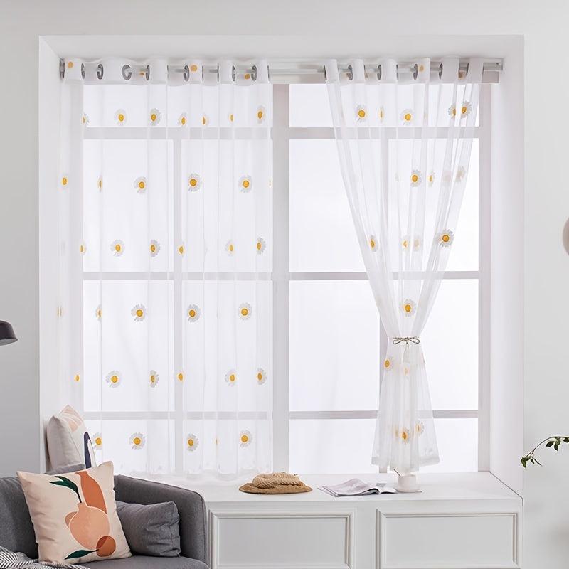 Yellow Daisy Pattern Curtain Tulle Sheer Embroidery Drapes