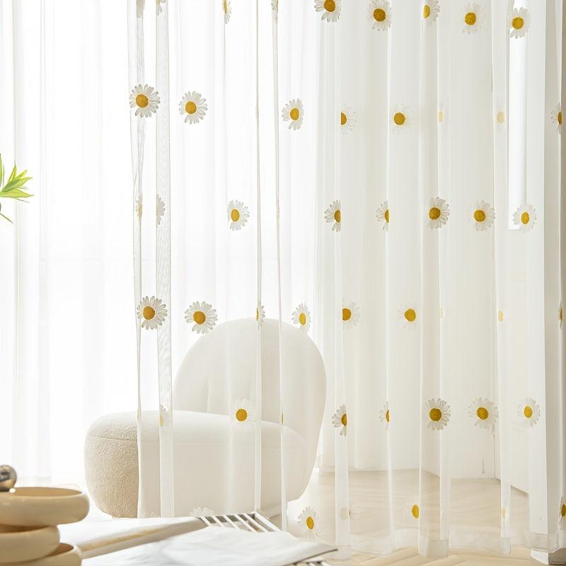 Yellow Daisy Pattern Curtain Tulle Sheer Embroidery Drapes