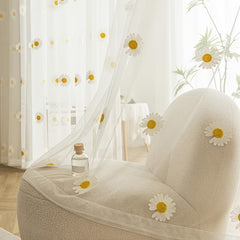 Yellow Daisy Pattern Curtain Tulle Sheer Embroidery Drapes