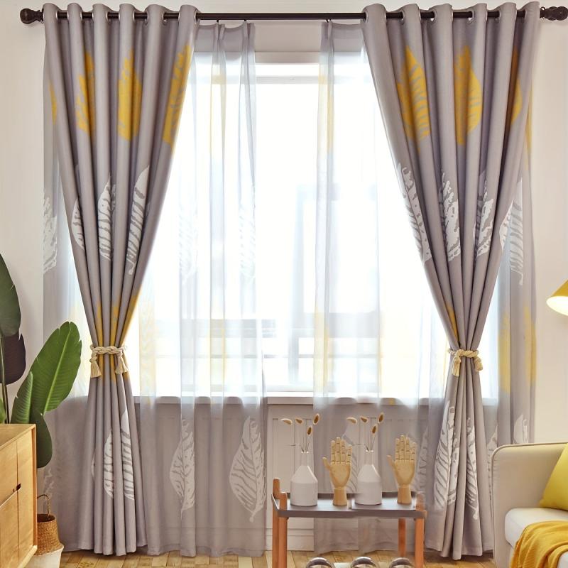 Gray Leaf Blackout Curtain for Home Decor