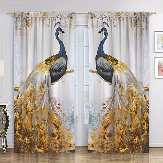 2pcs Golden Feather Peacock Curtains