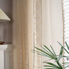 Boho Tassel Lace Patchwork Curtains Beige