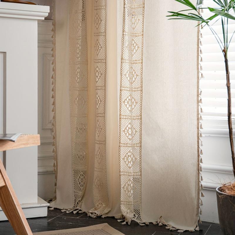 Boho Tassel Lace Patchwork Curtains Beige