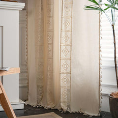 Boho Tassel Lace Patchwork Curtains Beige