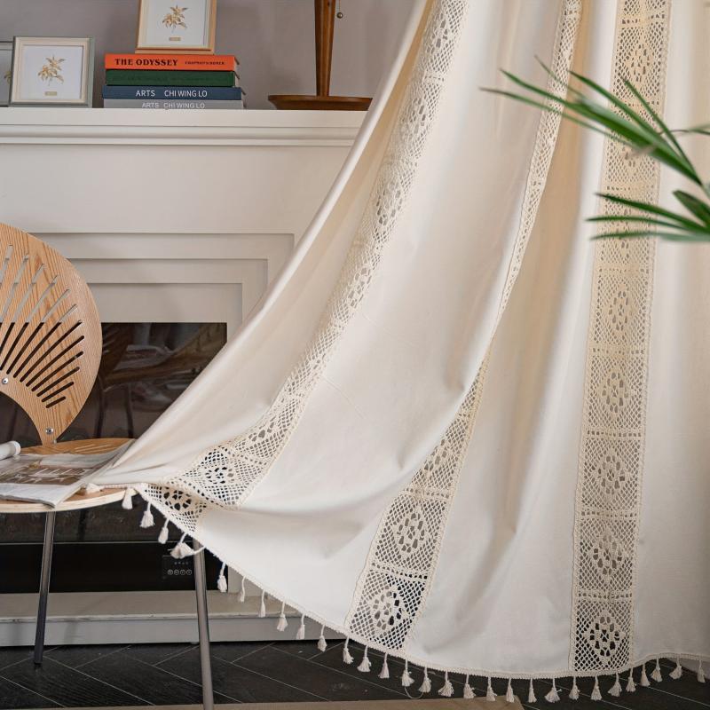 Boho Tassel Lace Patchwork Curtains Beige