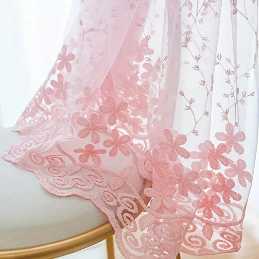 1pc Flower Embroidered Sheer Curtain French Vintage Voile Farmhouse Transparent