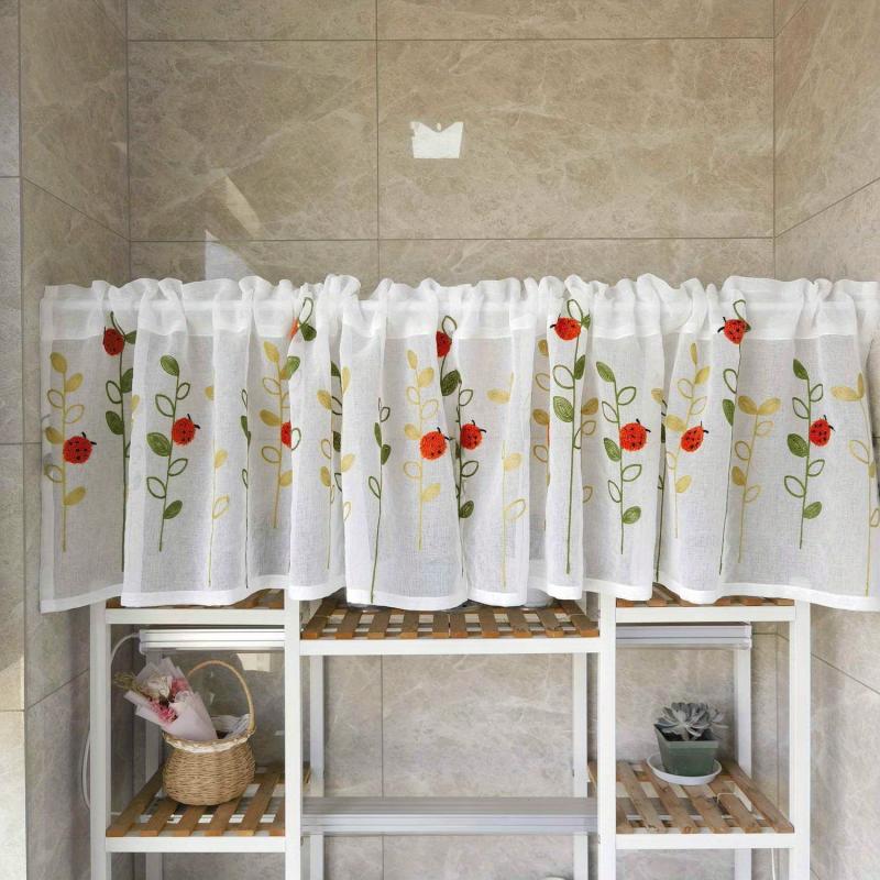 Kitchen Curtains Valance Ladybug Embroidery Short Curtains