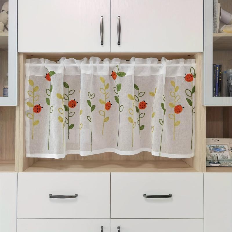 Kitchen Curtains Valance Ladybug Embroidery Short Curtains