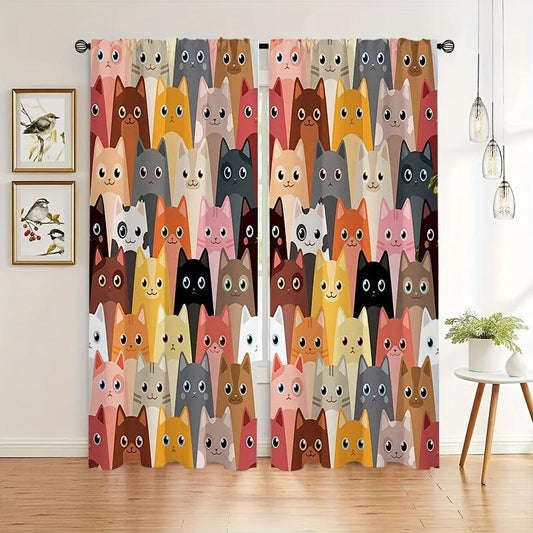 Cat Animal Printed Semi Blackout Curtains for Living Room