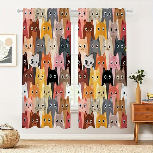 Cat Animal Printed Semi Blackout Curtains for Living Room