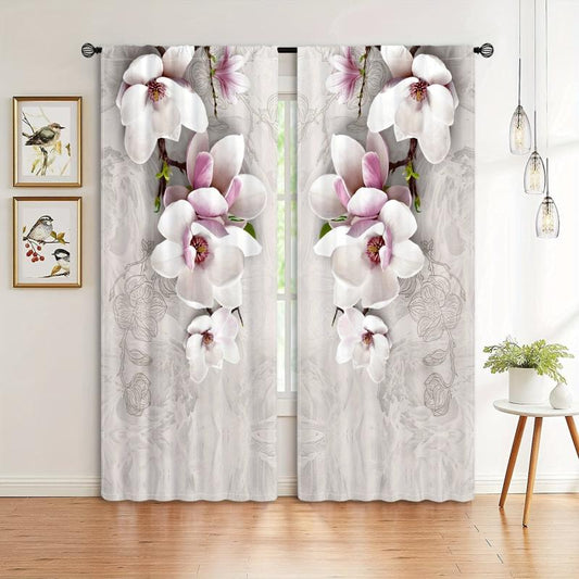 2pcs Magnolia Pattern Semi Blackout Curtains Rod Pocket Vintage Curtain
