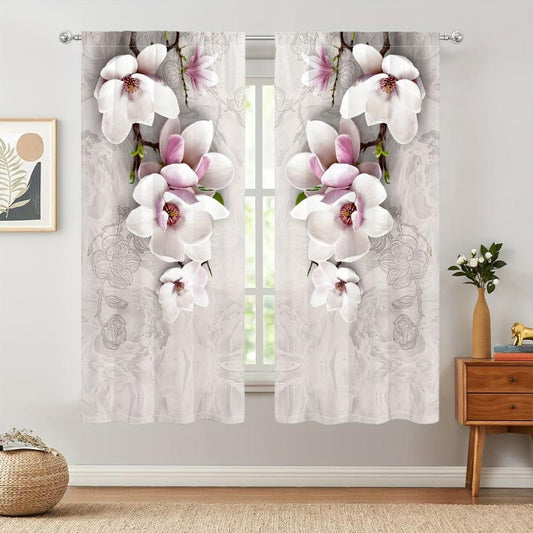 2pcs Magnolia Pattern Semi Blackout Curtains Rod Pocket Vintage Curtain