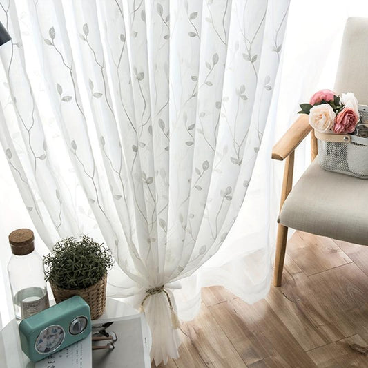 Pastoral Style Embroidery Sheer Curtain Branch Leaf Pattern Rod Pocket