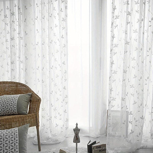 Pastoral Style Embroidery Sheer Curtain Branch Leaf Pattern Rod Pocket
