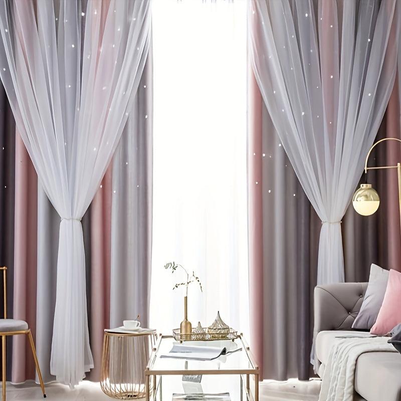 Gray Pink Gradient Star Sheer Curtain for Home Decor