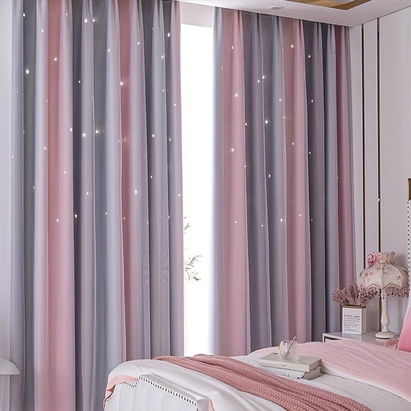 Gray Pink Gradient Star Sheer Curtain for Home Decor