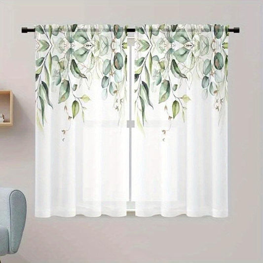 2pcs Green Leaves Semi Sheer Curtain Light Filtering Voile Drape