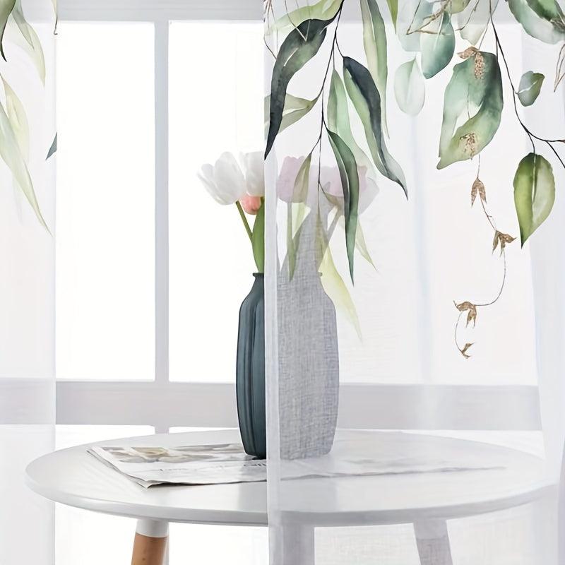 2pcs Green Leaves Semi Sheer Curtain Light Filtering Voile Drape