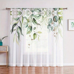 2pcs Green Leaves Semi Sheer Curtain Light Filtering Voile Drape