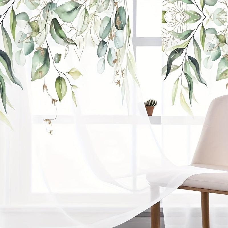 2pcs Green Leaves Semi Sheer Curtain Light Filtering Voile Drape