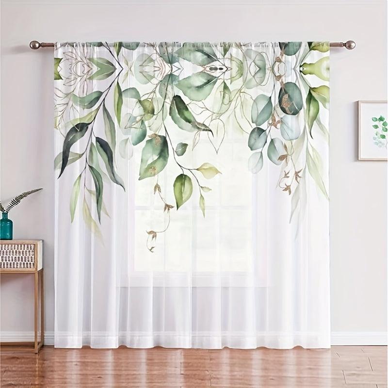 2pcs Green Leaves Semi Sheer Curtain Light Filtering Voile Drape