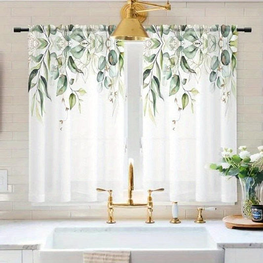2pcs Green Leaves Semi Sheer Curtain Light Filtering Voile Drape