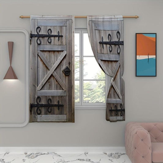2pcs Wooden Door Pattern Decorative Curtains Outdoor Curtains