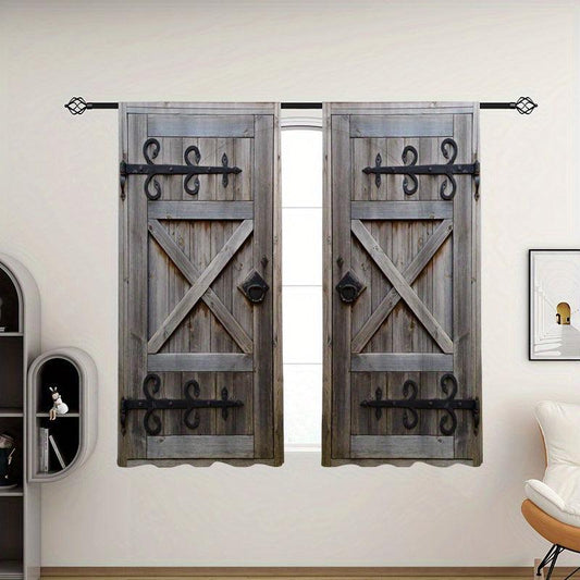 2pcs Wooden Door Pattern Decorative Curtains Outdoor Curtains