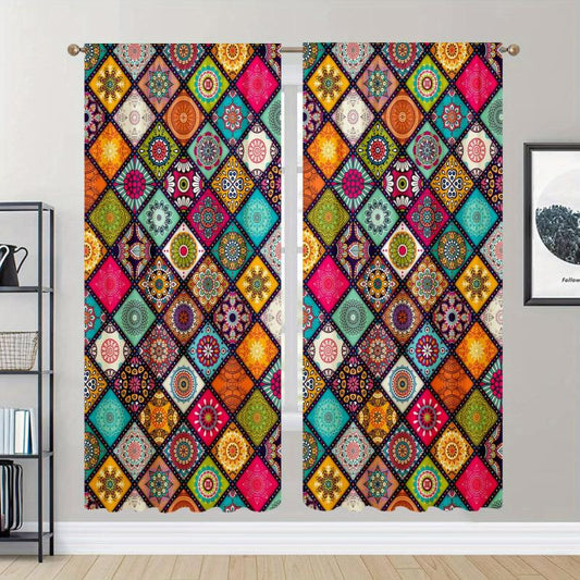 Boho Printed Blackout Curtains - Grommet Top - 3D Flower Effect - Set of 2 Panel