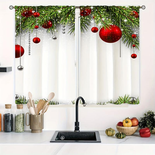 Christmas Red Ball Curtain Pine Leaves Rod Pocket Curtains