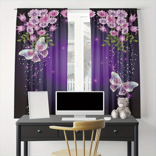 2pcs Dancing Butterflies Rod Pocket Curtain for Living Room Bedroom