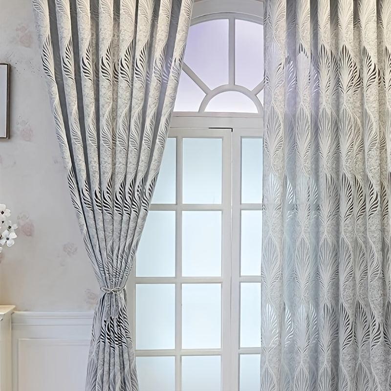 European Curtain Retro Grey Feather Leaves Jacquard Curtain for Home Decor