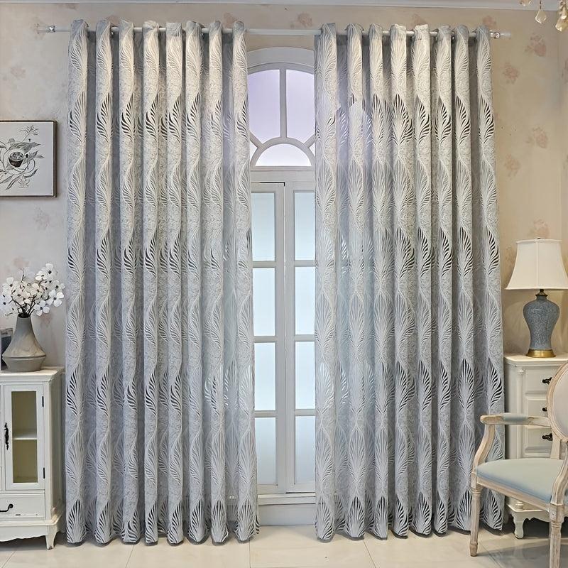 European Curtain Retro Grey Feather Leaves Jacquard Curtain for Home Decor