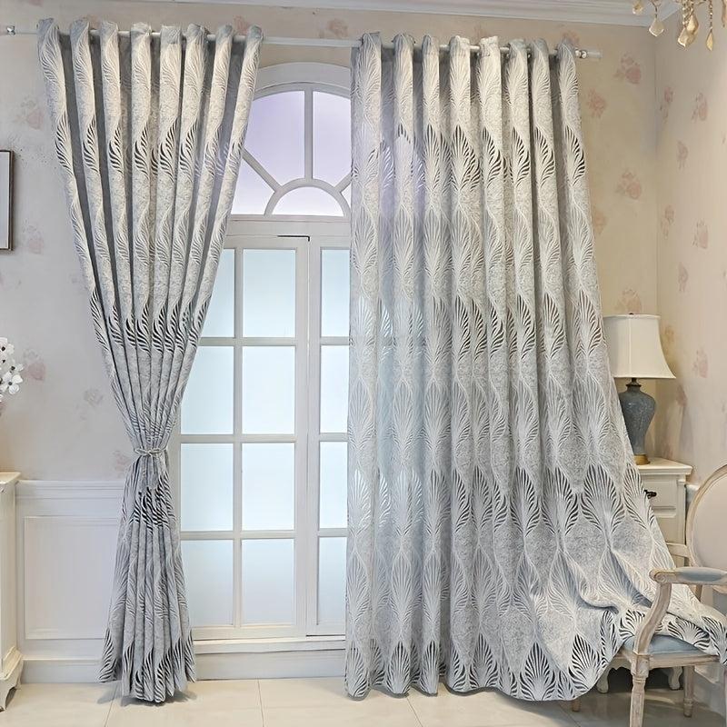 European Curtain Retro Grey Feather Leaves Jacquard Curtain for Home Decor