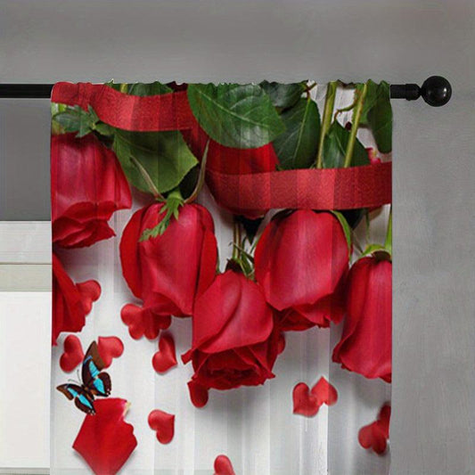 Red Roses Printed Semi Sheer Voile Curtain for Room Cafe Kitchen