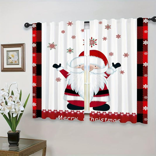 Christmas Santa Claus Snowflake Curtains Red And Plaid Rod Pocket Curtains