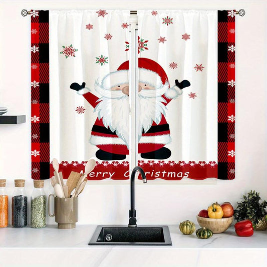 Christmas Santa Claus Snowflake Curtains Red And Plaid Rod Pocket Curtains