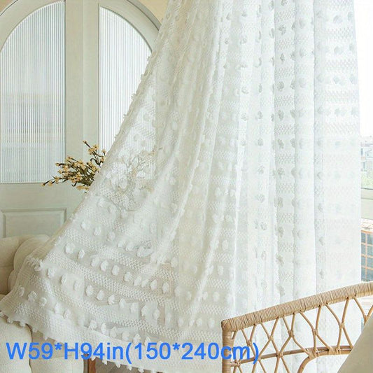 1pc Pom Pom Embroidery Sheer Curtain Vintage Voile Breathable Window Curtain