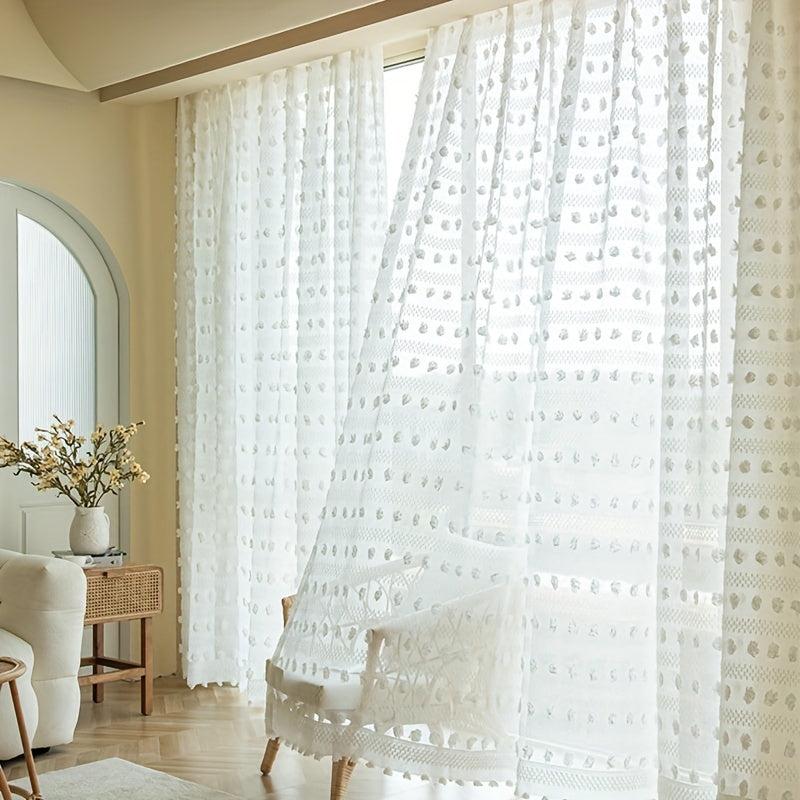 1pc Pom Pom Embroidery Sheer Curtain Vintage Voile Breathable Window Curtain