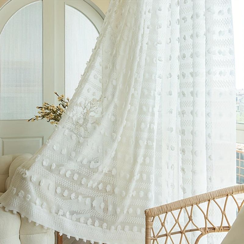 1pc Pom Pom Embroidery Sheer Curtain Vintage Voile Breathable Window Curtain