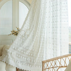 1pc Pom Pom Embroidery Sheer Curtain Vintage Voile Breathable Window Curtain
