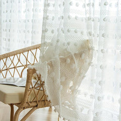 1pc Pom Pom Embroidery Sheer Curtain Vintage Voile Breathable Window Curtain
