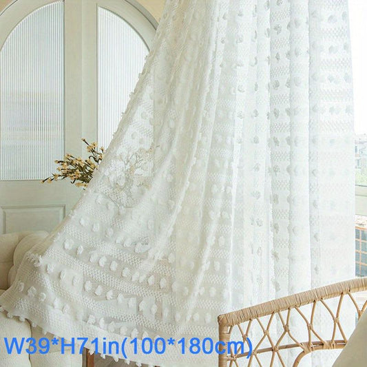 1pc Pom Pom Embroidery Sheer Curtain Vintage Voile Breathable Window Curtain