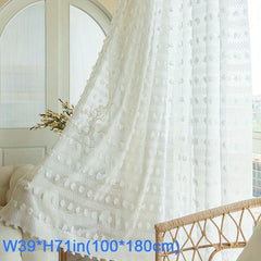 1pc Pom Pom Embroidery Sheer Curtain Vintage Voile Breathable Window Curtain