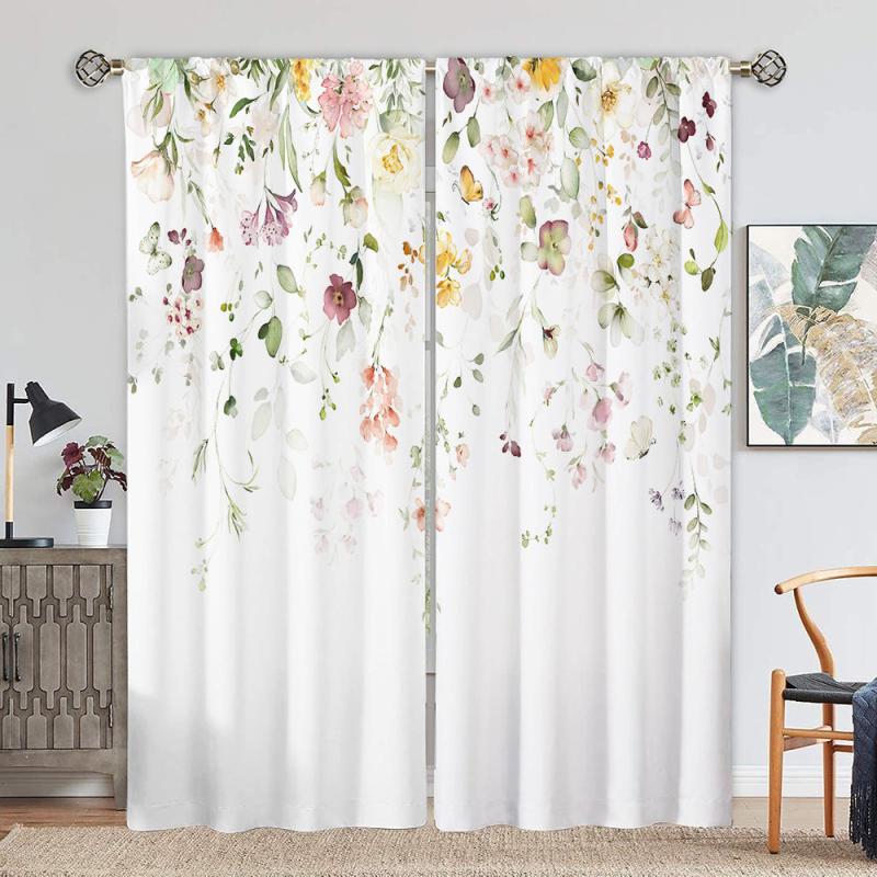 2 Panels Flower Pattern Window Curtains, Rod Pocket Drapes for Home Decor