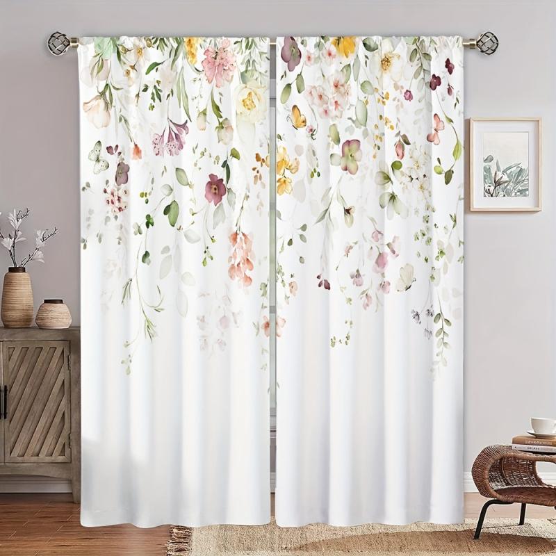 2 Panels Flower Pattern Window Curtains, Rod Pocket Drapes for Home Decor