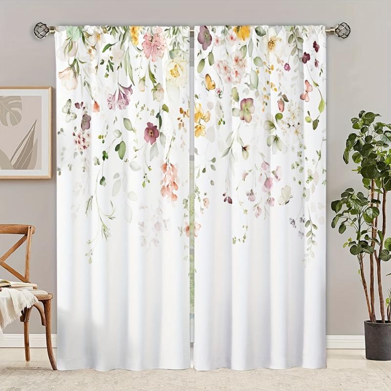 2 Panels Flower Pattern Window Curtains, Rod Pocket Drapes for Home Decor