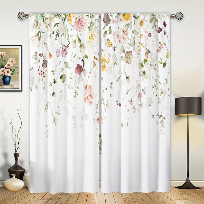 2 Panels Flower Pattern Window Curtains, Rod Pocket Drapes for Home Decor